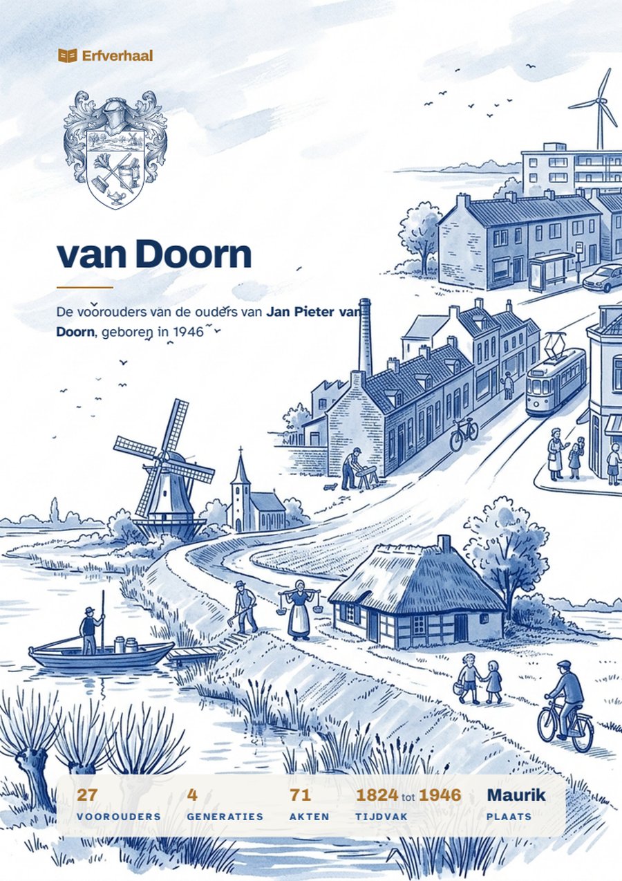 Het voorplat van het Voorouderboek van de voorbeeldfamilie Van Doorn met het familiewapen, 40 mm in diep blauw boven de titel.