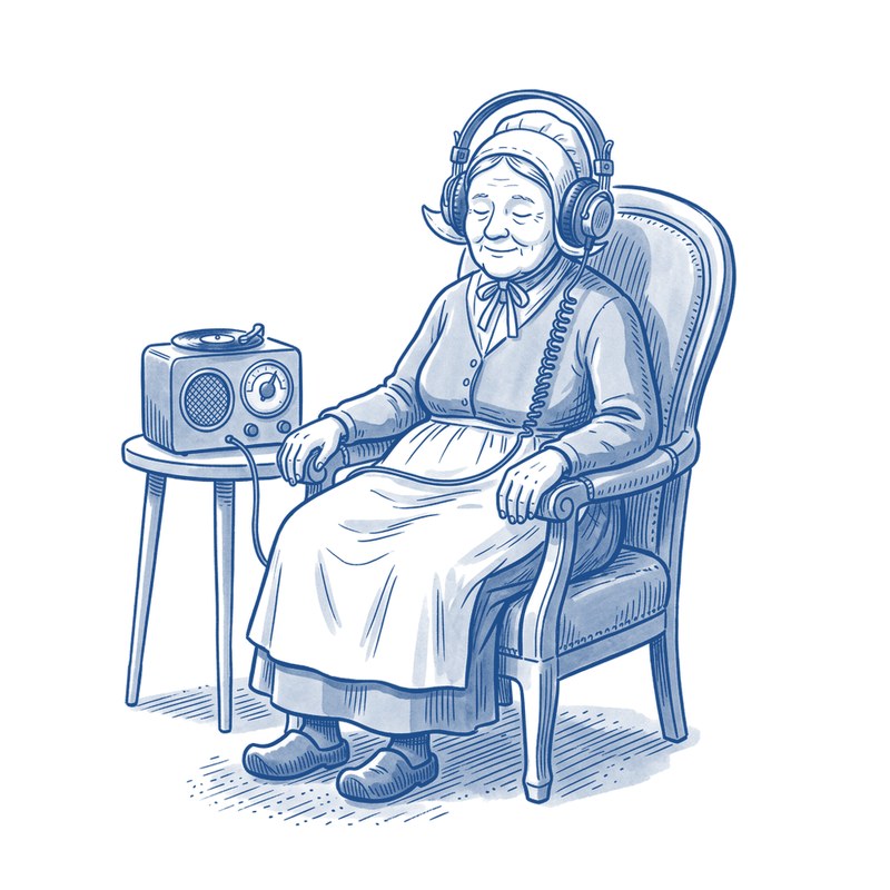 Een grootmoeder met een koptelefoon zit met gesloten ogen in een leunstoel.
