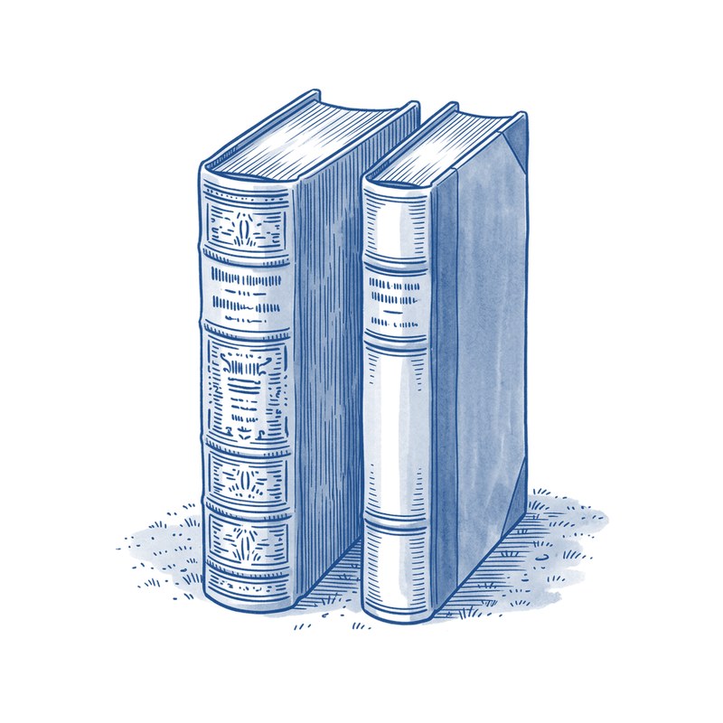 Twee boeken staan rug aan rug, elk met een andere naam op de rug.
