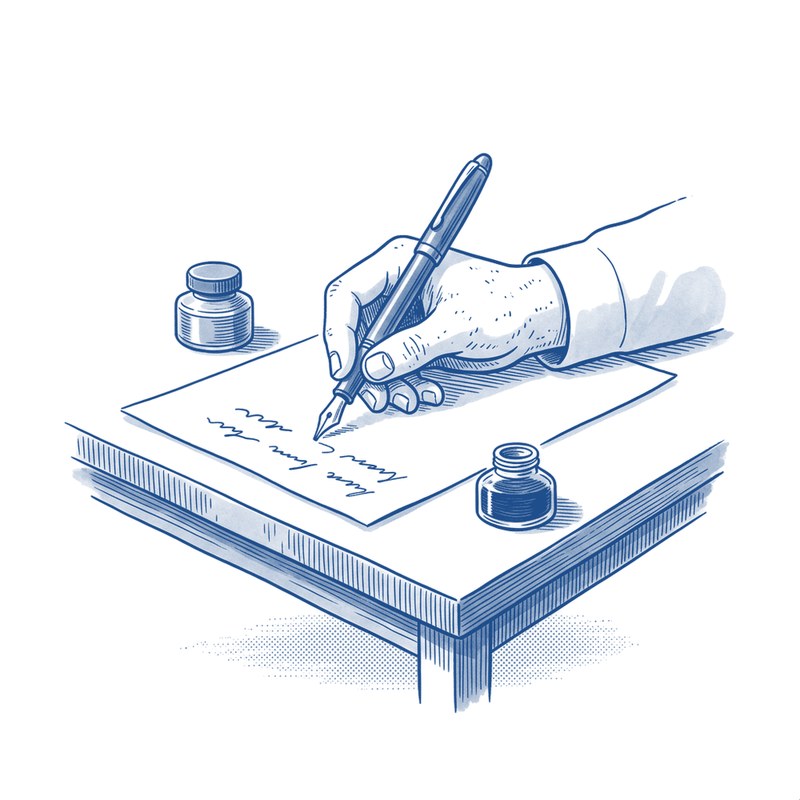 Een hand schrijft met een vulpen op een blad papier.