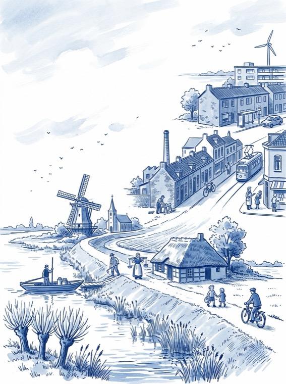 De kaft van Het Voorouderboek voor de familie Van Doorn: een Delfts blauw landschap van 1800 linksonder naar nu rechtsboven